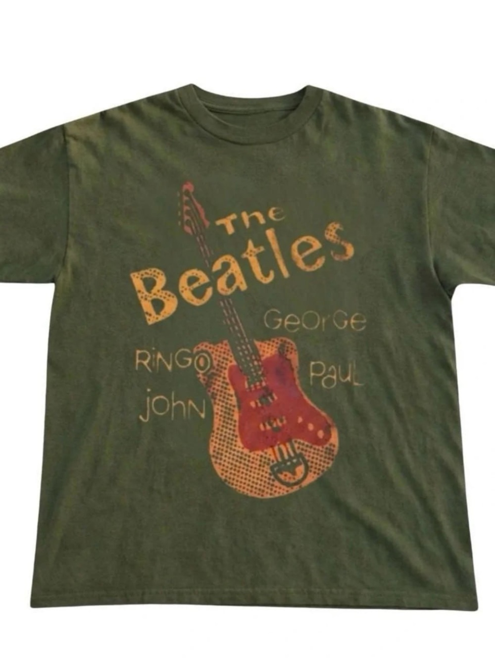 Green Beatles Graphic Tee with Red & Yellow Guitar